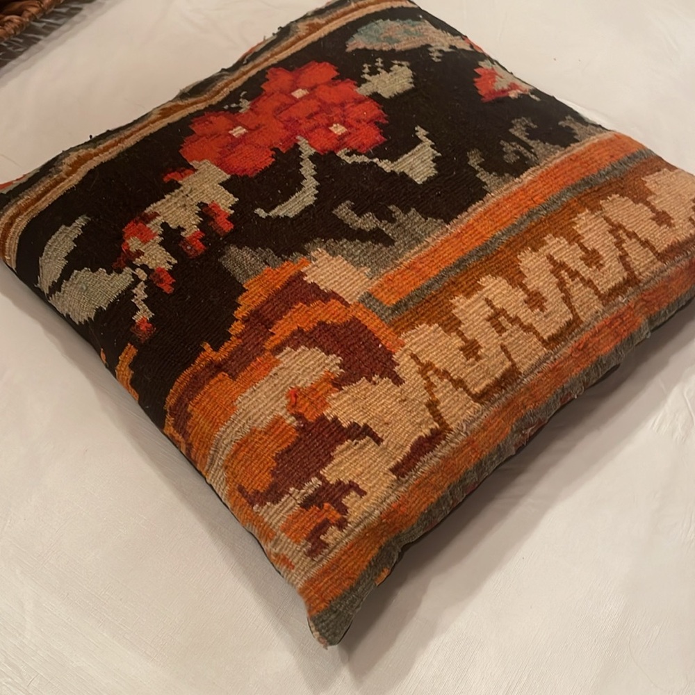 Large Floral Pillow Made from a Vintage Hand Woven Old Kilim Rug From Turkey - Picture 3 of 9